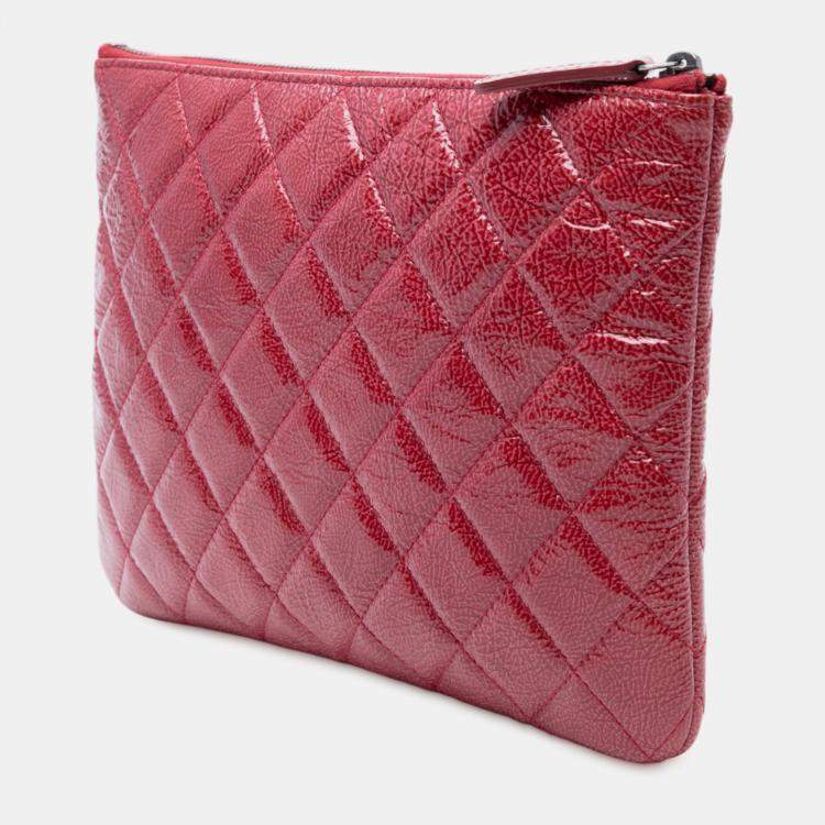 Pre Owned Chanel Red Small Crinkled Patent O Case Clutch