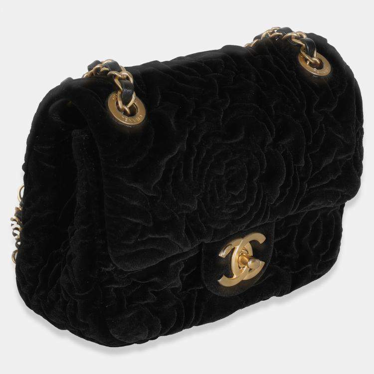 مملوكة مسبقًا Chanel Black Camellia Embossed Velvet Mini Square Flap Bag