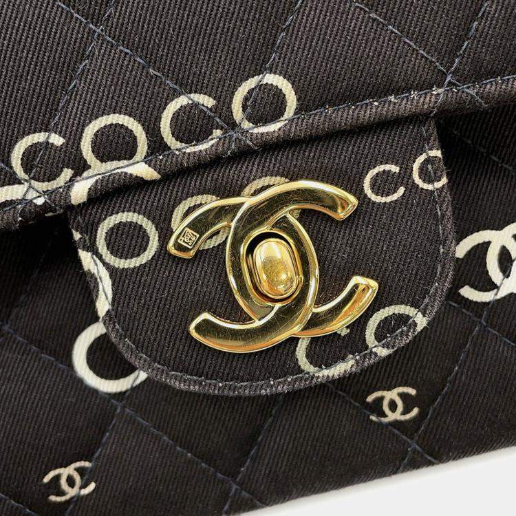 Pre Owned Chanel Matelasse Double Flap Chain Shoulder Coco Print Black Canvas Size 25