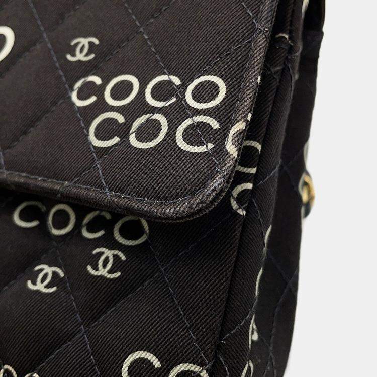 Pre Owned Chanel Matelasse Double Flap Chain Shoulder Coco Print Black Canvas Size 25