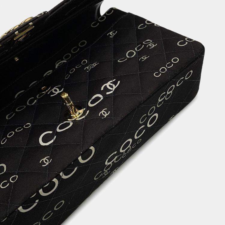 Pre Owned Chanel Matelasse Double Flap Chain Shoulder Coco Print Black Canvas Size 25