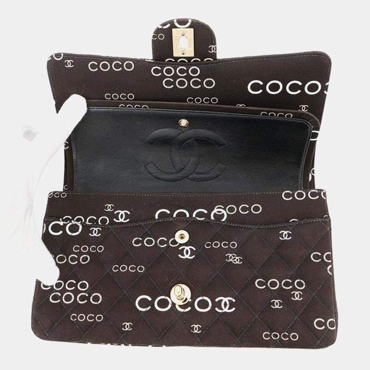 Pre Owned Chanel Matelasse Double Flap Chain Shoulder Coco Print Black Canvas Size 25