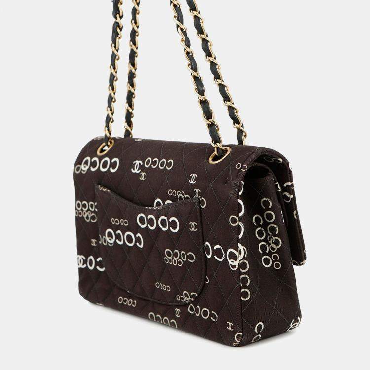 Pre Owned Chanel Matelasse Double Flap Chain Shoulder Coco Print Black Canvas Size 25