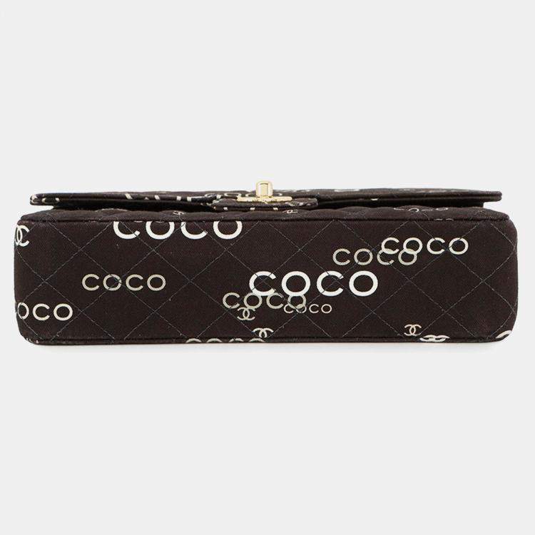 Pre Owned Chanel Matelasse Double Flap Chain Shoulder Coco Print Black Canvas Size 25