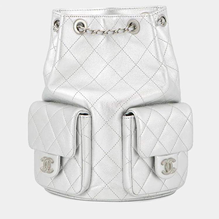 Pre Owned Chanel Backpack Silver Metalic Lambskin