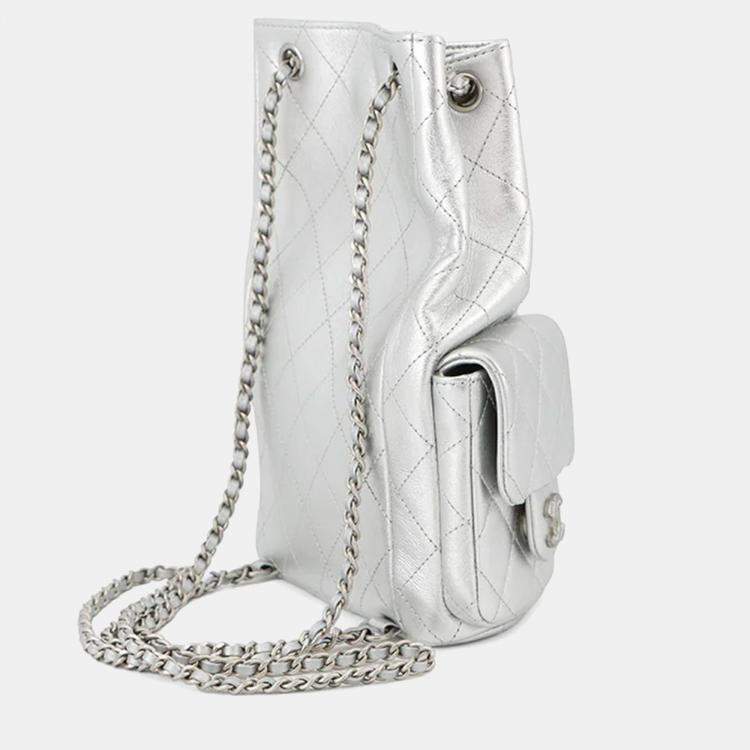 Pre Owned Chanel Backpack Silver Metalic Lambskin