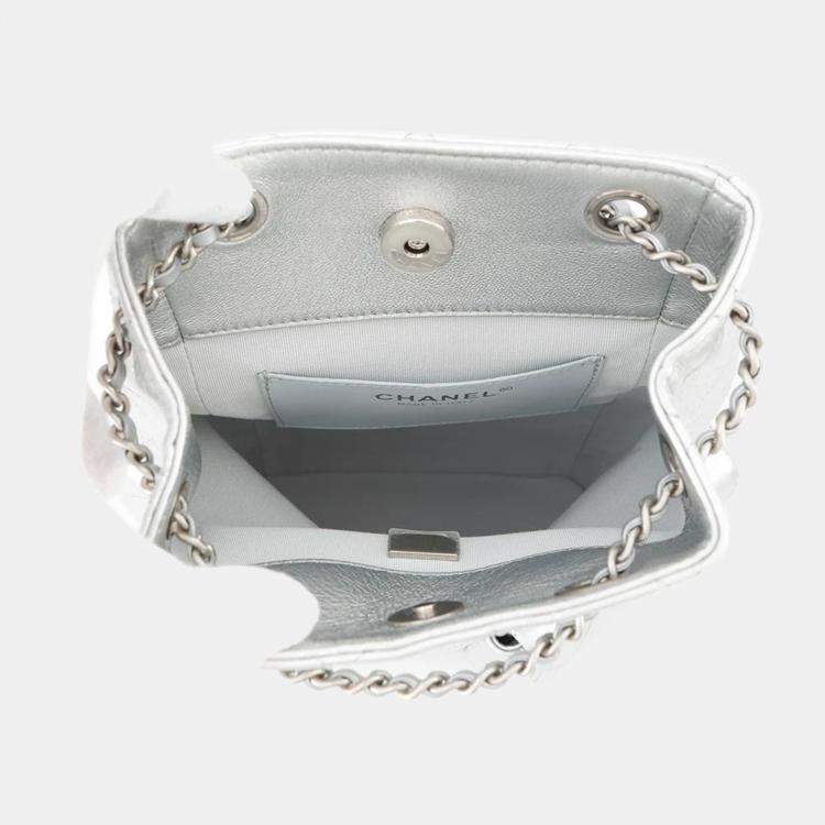 Pre Owned Chanel Backpack Silver Metalic Lambskin