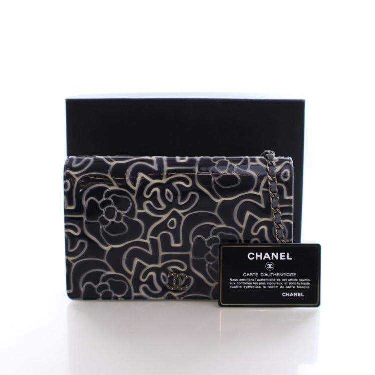 Pre Owned Chanel Patent Camellia Embossed Wallet On Chain