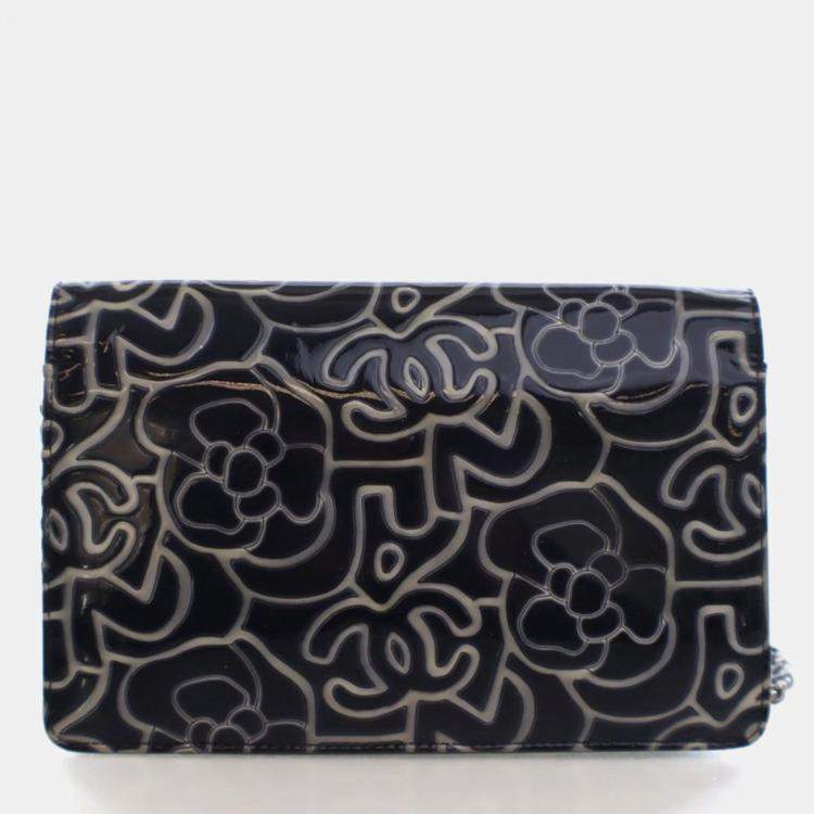 Pre Owned Chanel Patent Camellia Embossed Wallet On Chain