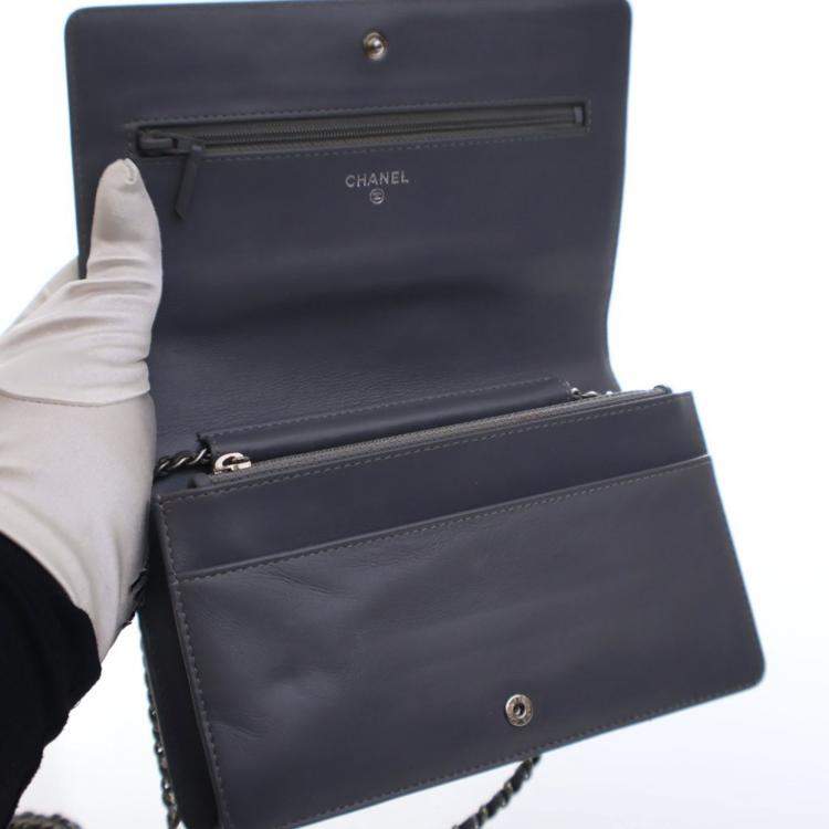 Pre Owned Chanel Patent Camellia Embossed Wallet On Chain