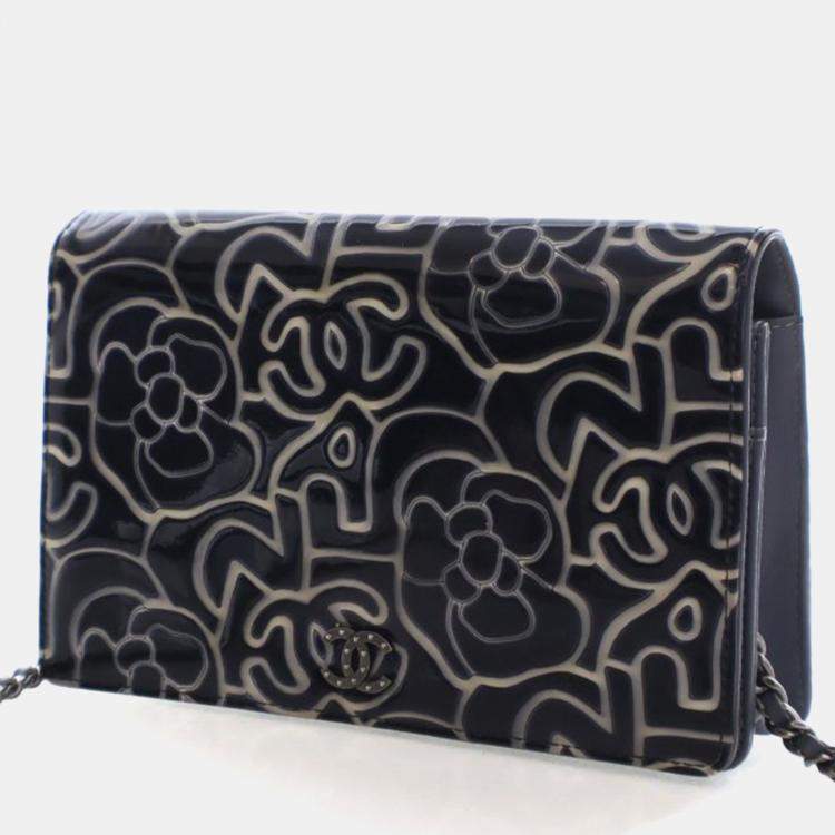 Pre Owned Chanel Patent Camellia Embossed Wallet On Chain