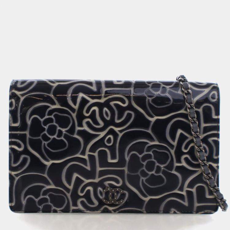 Pre Owned Chanel Patent Camellia Embossed Wallet On Chain