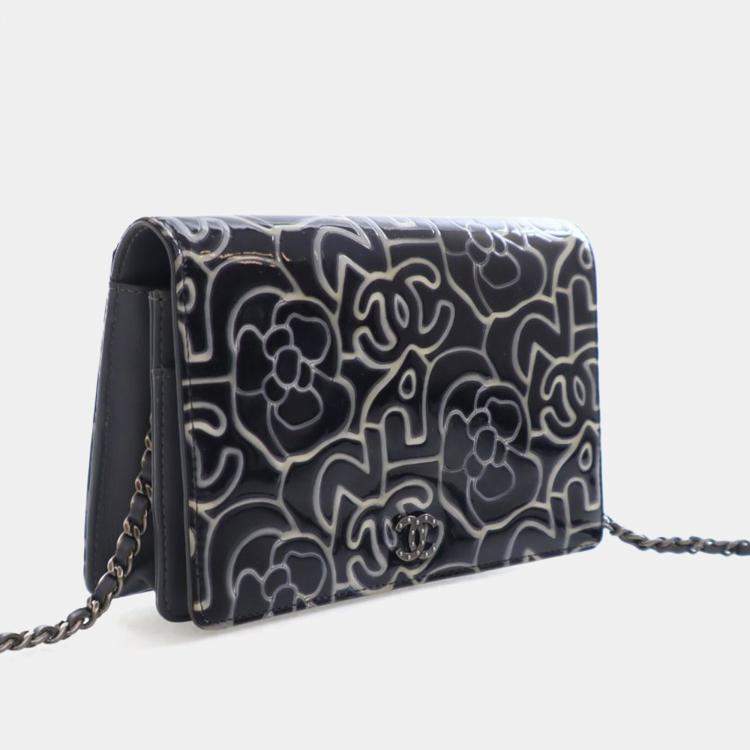 Pre Owned Chanel Patent Camellia Embossed Wallet On Chain