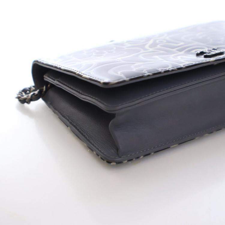 Pre Owned Chanel Patent Camellia Embossed Wallet On Chain