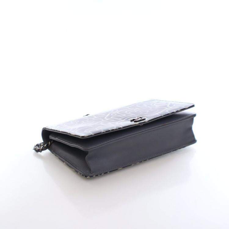 Pre Owned Chanel Patent Camellia Embossed Wallet On Chain