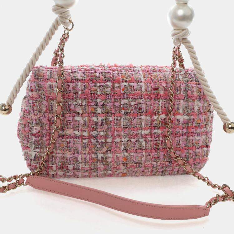 Pre Owned Chanel Medium Pink Tweed Pearl Handle Flap