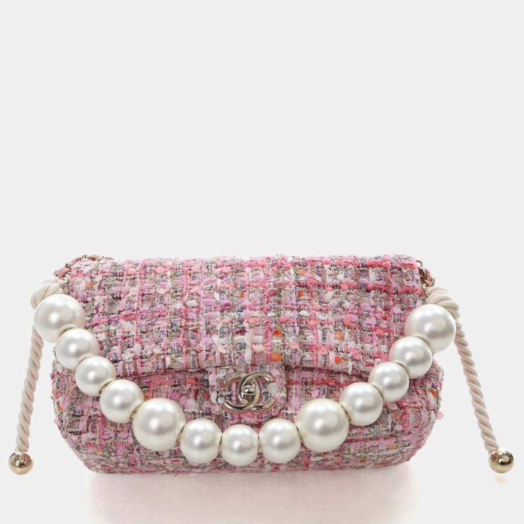 Pre Owned Chanel Medium Pink Tweed Pearl Handle Flap