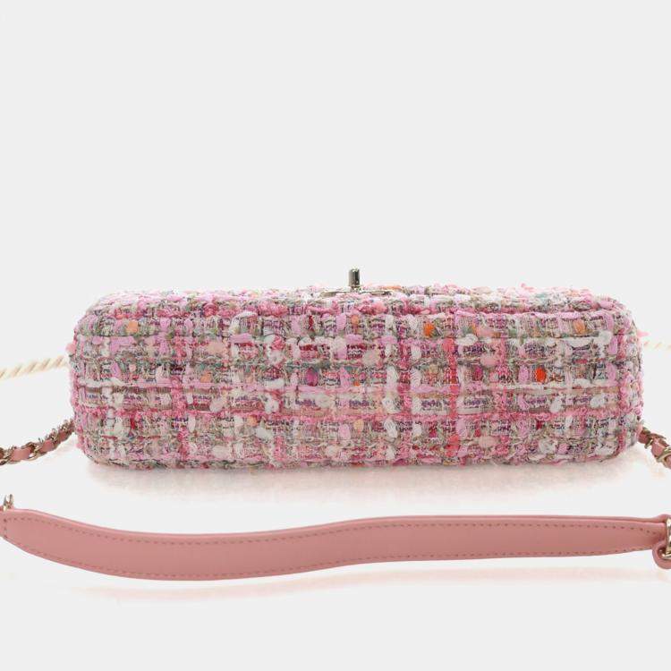Pre Owned Chanel Medium Pink Tweed Pearl Handle Flap