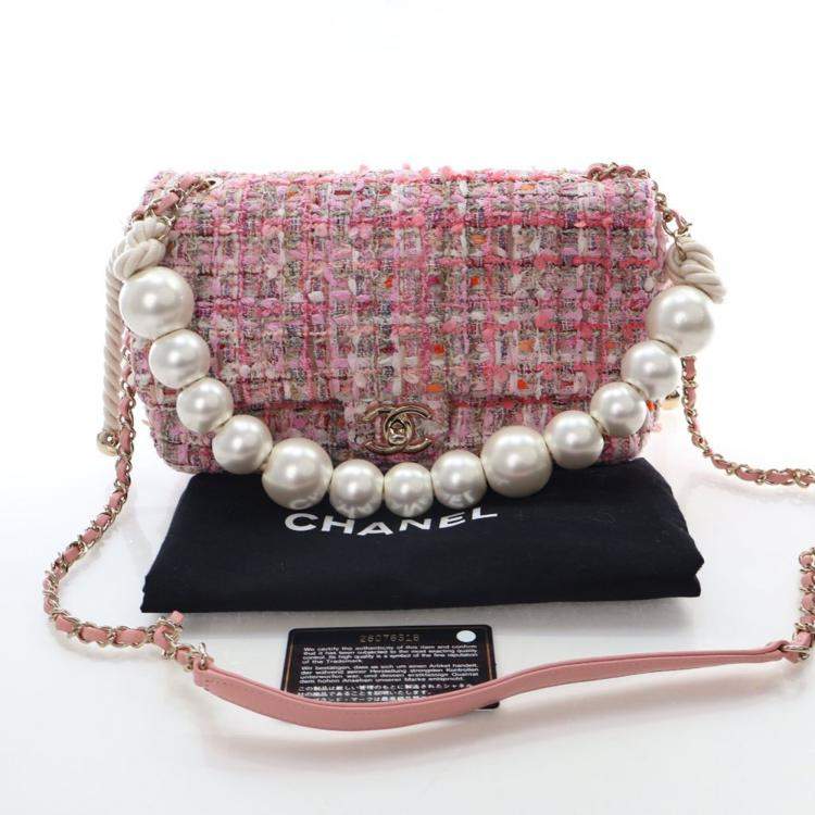 Pre Owned Chanel Medium Pink Tweed Pearl Handle Flap