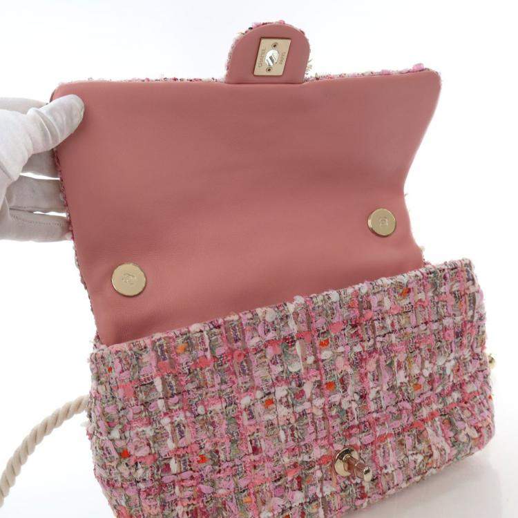 Pre Owned Chanel Medium Pink Tweed Pearl Handle Flap