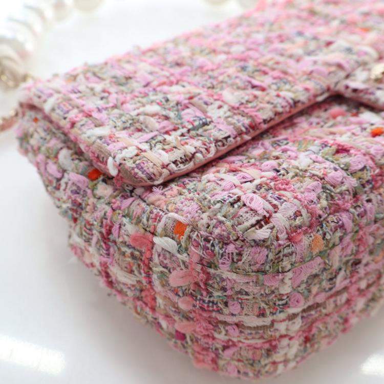 Pre Owned Chanel Medium Pink Tweed Pearl Handle Flap