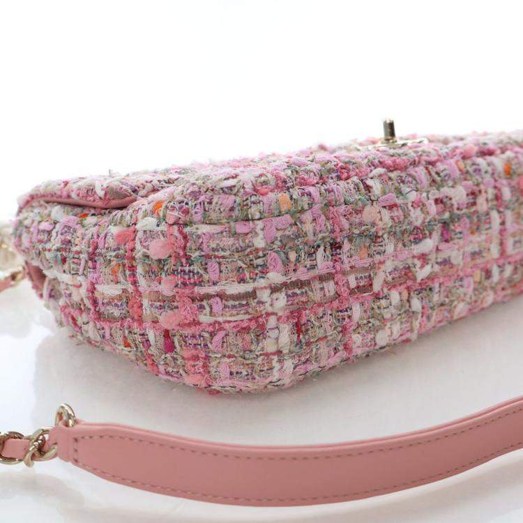 Pre Owned Chanel Medium Pink Tweed Pearl Handle Flap