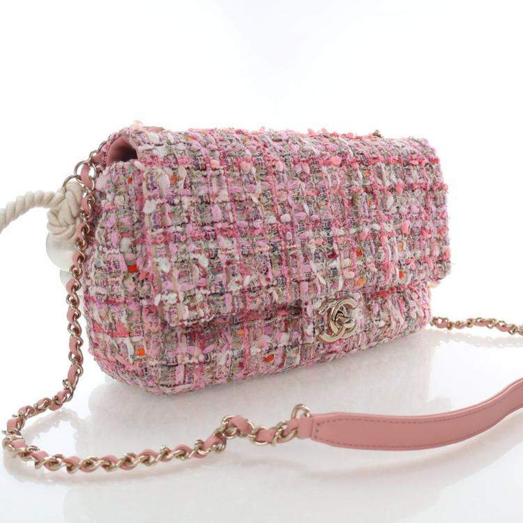 Pre Owned Chanel Medium Pink Tweed Pearl Handle Flap