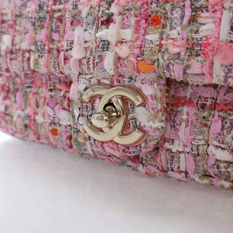 Pre Owned Chanel Medium Pink Tweed Pearl Handle Flap