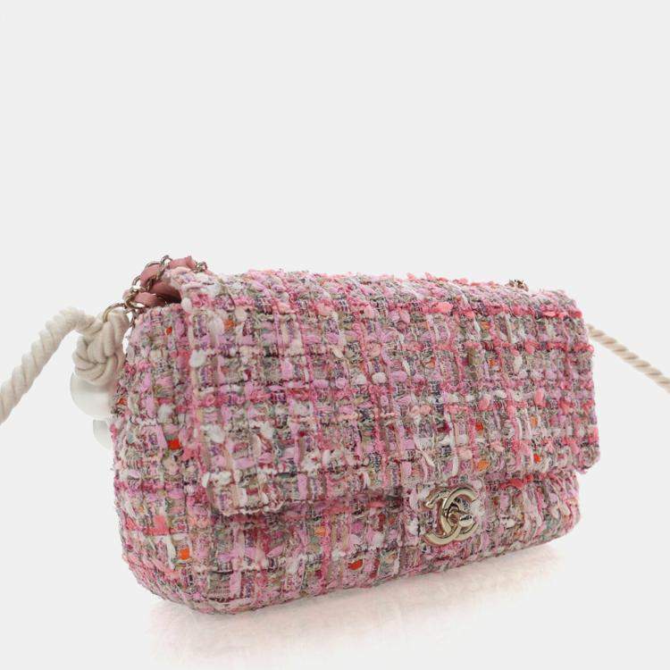 Pre Owned Chanel Medium Pink Tweed Pearl Handle Flap