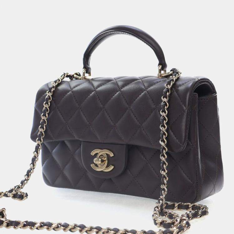 Pre Owned Chanel Mini Brown Lambskin Rectangular Top Handle Classic Flap Bag