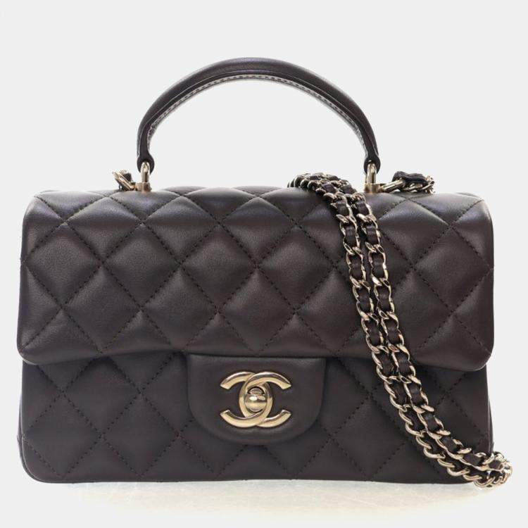 Pre Owned Chanel Mini Brown Lambskin Rectangular Top Handle Classic Flap Bag