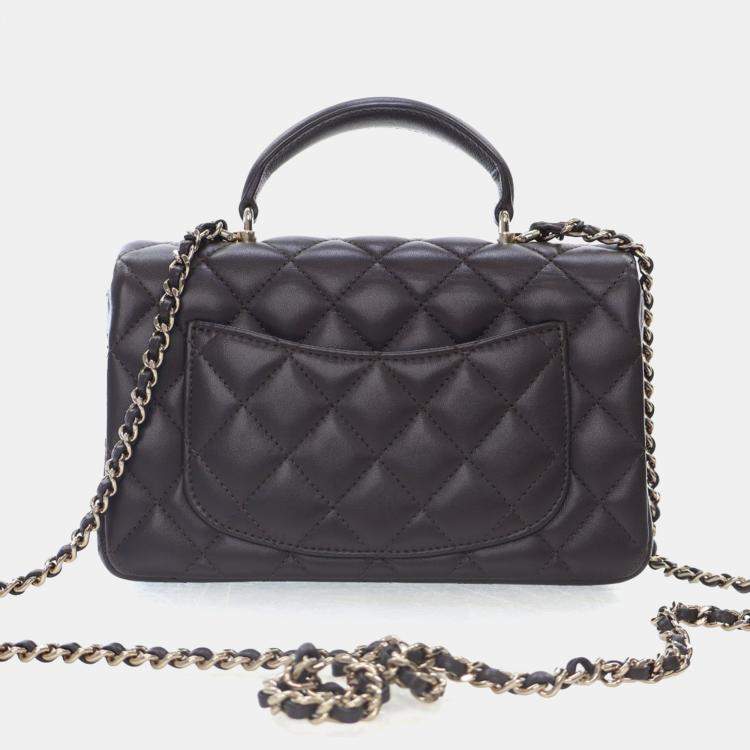 Pre Owned Chanel Mini Brown Lambskin Rectangular Top Handle Classic Flap Bag