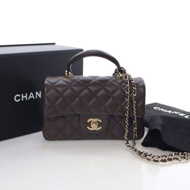 Pre Owned Chanel Mini Brown Lambskin Rectangular Top Handle Classic Flap Bag