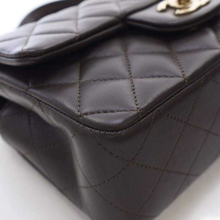 Pre Owned Chanel Mini Brown Lambskin Rectangular Top Handle Classic Flap Bag