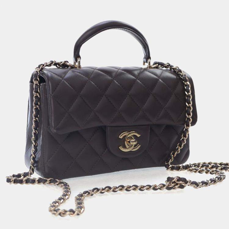 Pre Owned Chanel Mini Brown Lambskin Rectangular Top Handle Classic Flap Bag