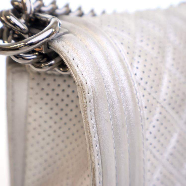 Pre Owned Chanel Medium Silver Lambskin Perforated Boy Bag