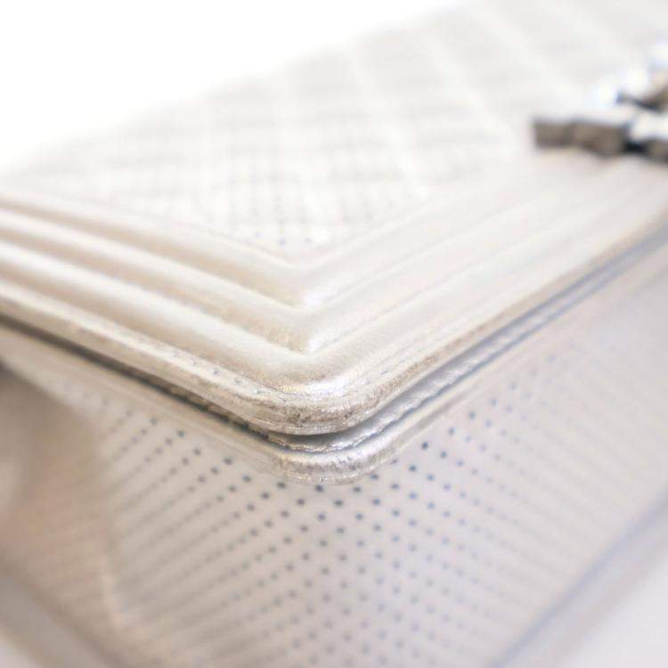 Pre Owned Chanel Medium Silver Lambskin Perforated Boy Bag