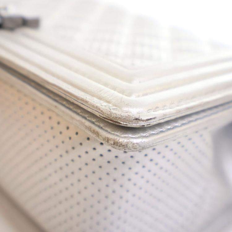 Pre Owned Chanel Medium Silver Lambskin Perforated Boy Bag