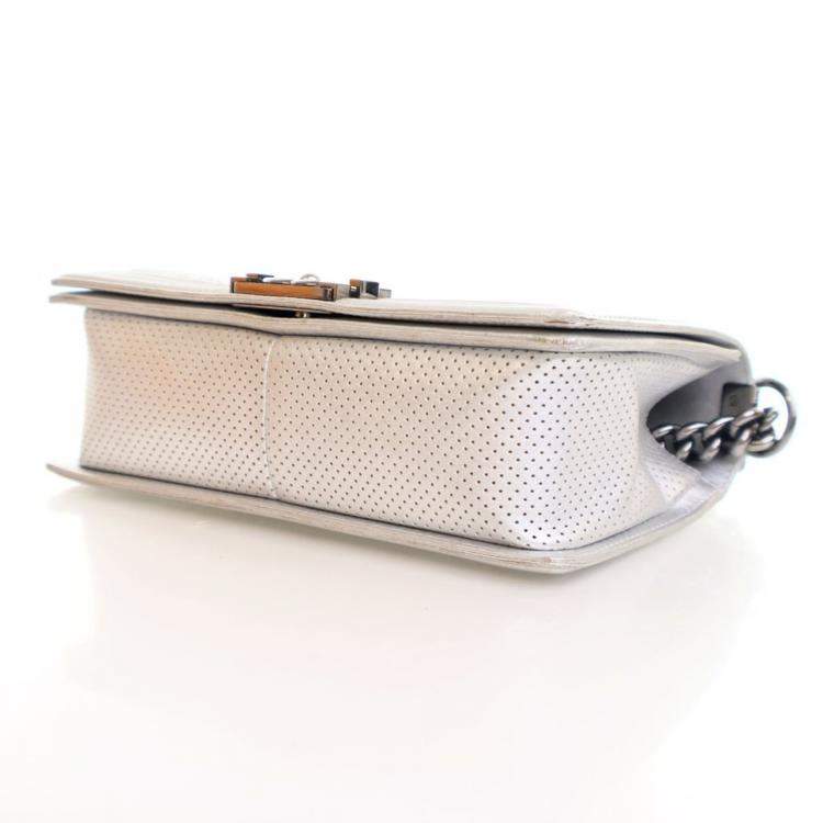 Pre Owned Chanel Medium Silver Lambskin Perforated Boy Bag
