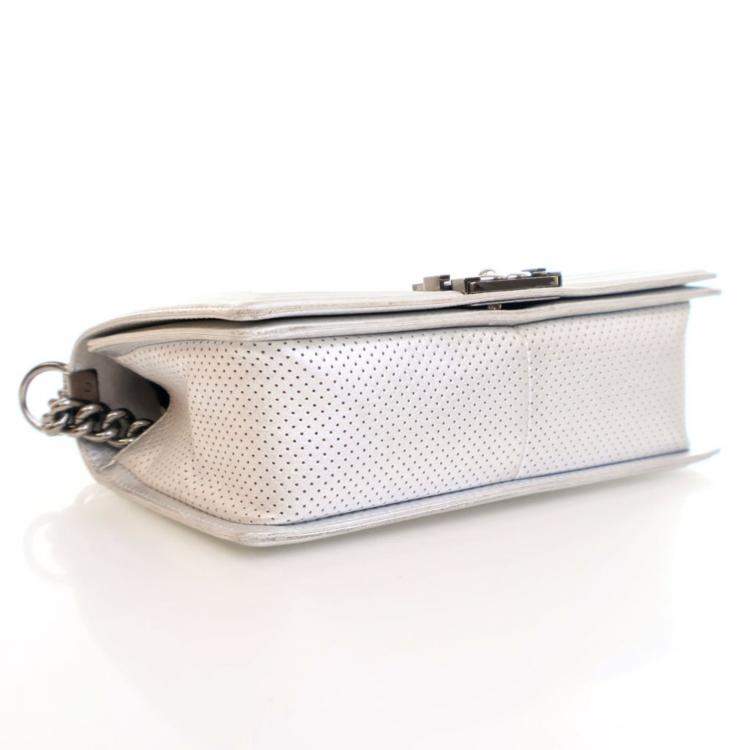 Pre Owned Chanel Medium Silver Lambskin Perforated Boy Bag
