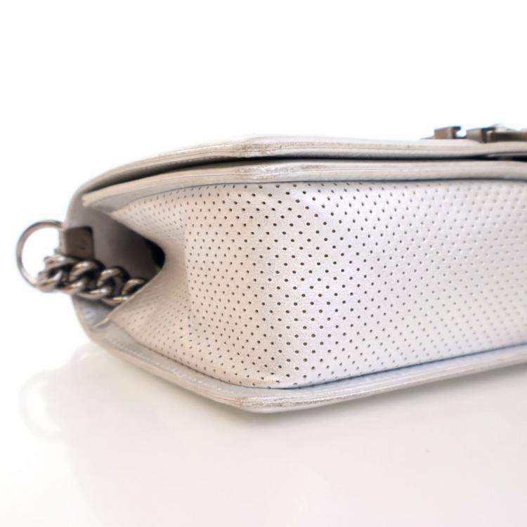 Pre Owned Chanel Medium Silver Lambskin Perforated Boy Bag