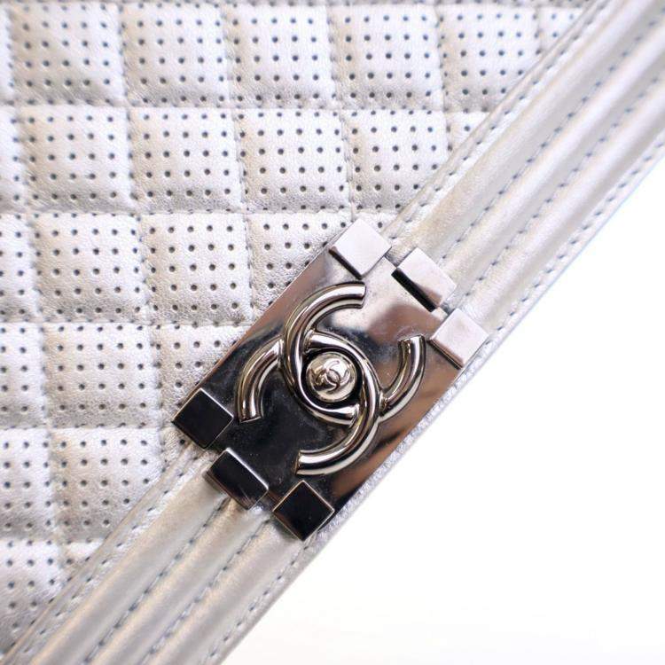 Pre Owned Chanel Medium Silver Lambskin Perforated Boy Bag