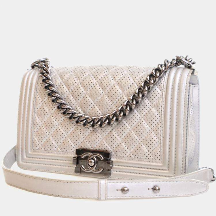 Pre Owned Chanel Medium Silver Lambskin Perforated Boy Bag