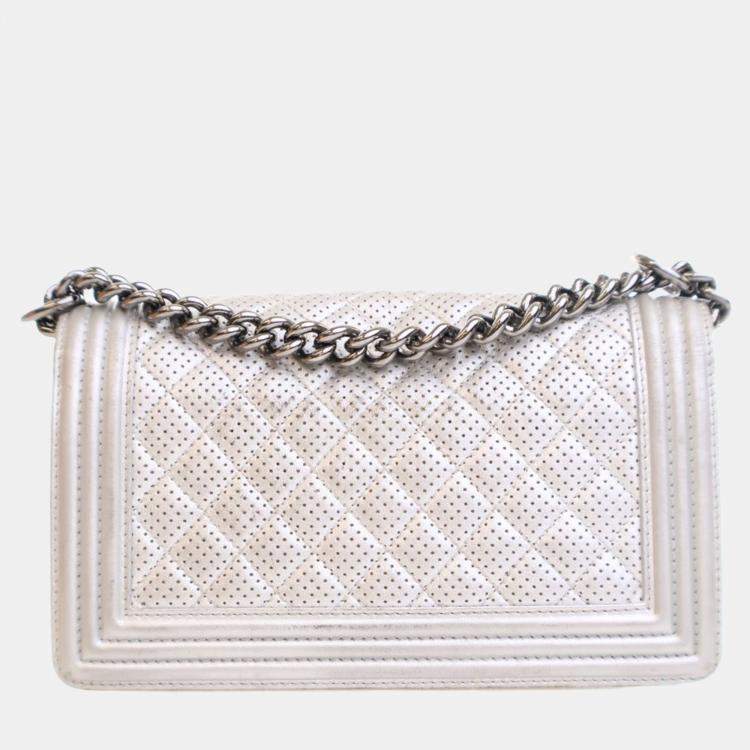 Pre Owned Chanel Medium Silver Lambskin Perforated Boy Bag