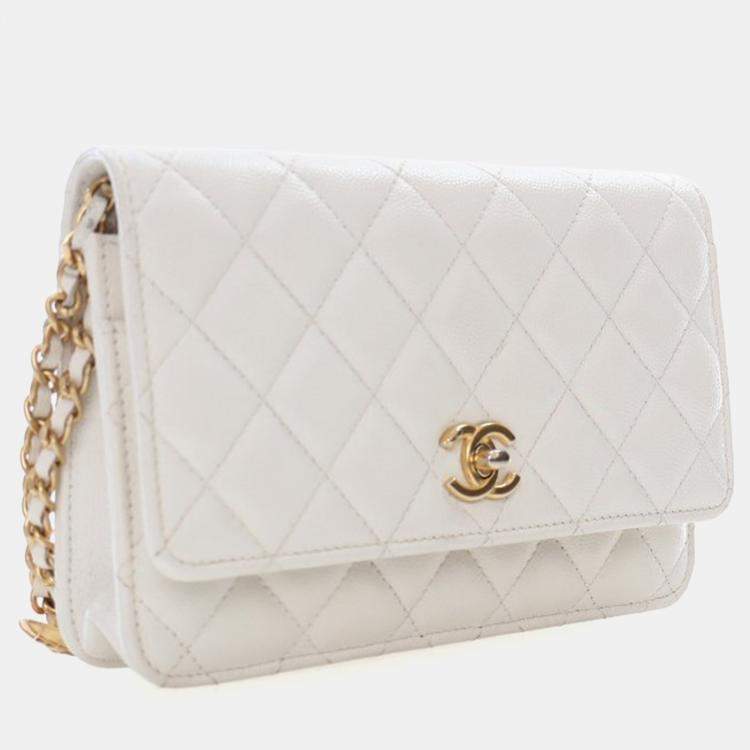 Pre Owned Chanel White Caviar Twist Your Buttons Wallet On Chain (WOC)