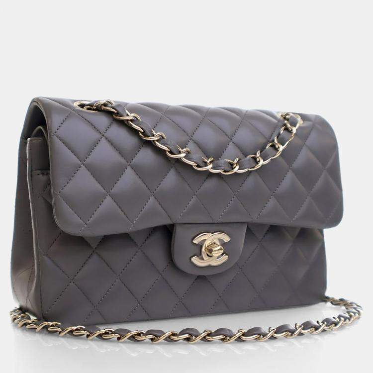 Pre Owned Chanel Small Grey Lambskin Classic Double Flap Bag