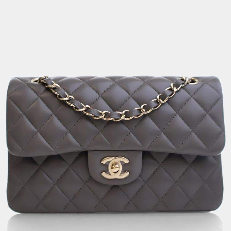 Pre Owned Chanel Small Grey Lambskin Classic Double Flap Bag