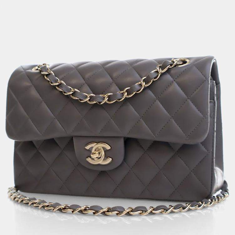 Pre Owned Chanel Small Grey Lambskin Classic Double Flap Bag