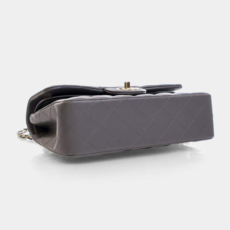 Pre Owned Chanel Small Grey Lambskin Classic Double Flap Bag