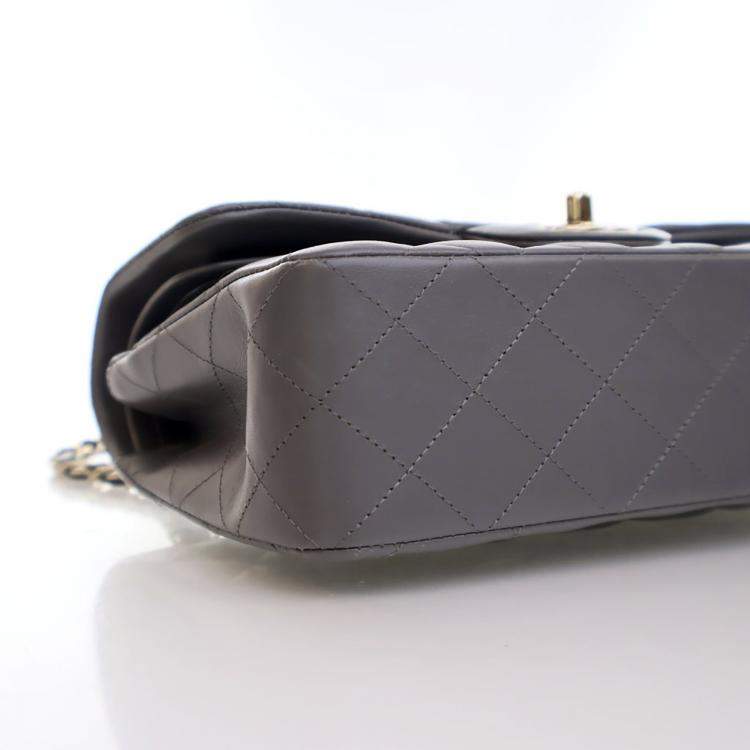 Pre Owned Chanel Small Grey Lambskin Classic Double Flap Bag